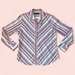 Y2K Red and White Striped Collared Button Up Blouse